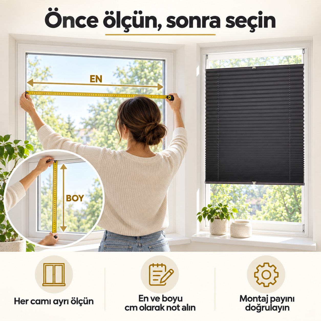 Antrasit plise perde — Ölçü alma rehberi