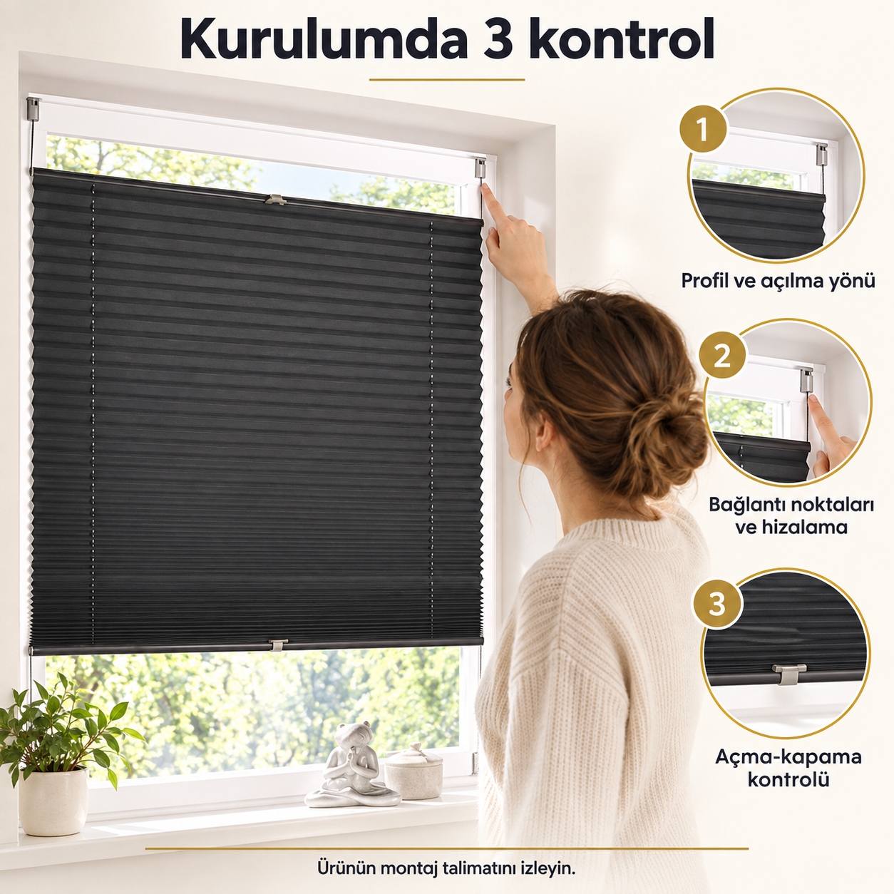 Antrasit plise perde — Kurulum kontrolü