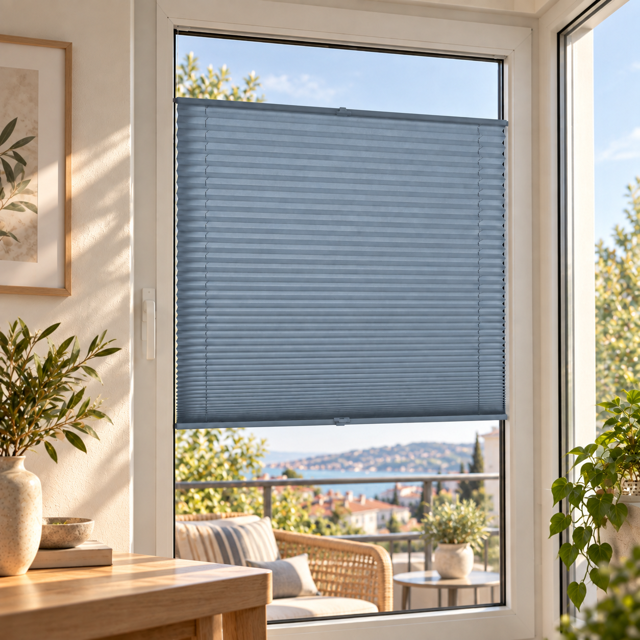 Katlanabilir Cam Balkon Plise Perde – Mavi Gri