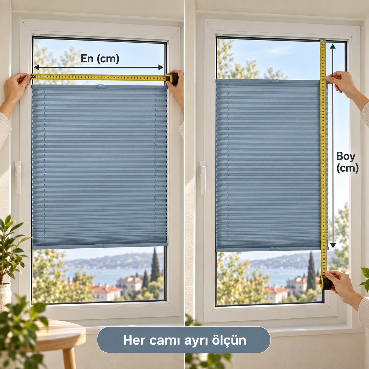 Mavi Gri plise perde — Ölçü alma rehberi
