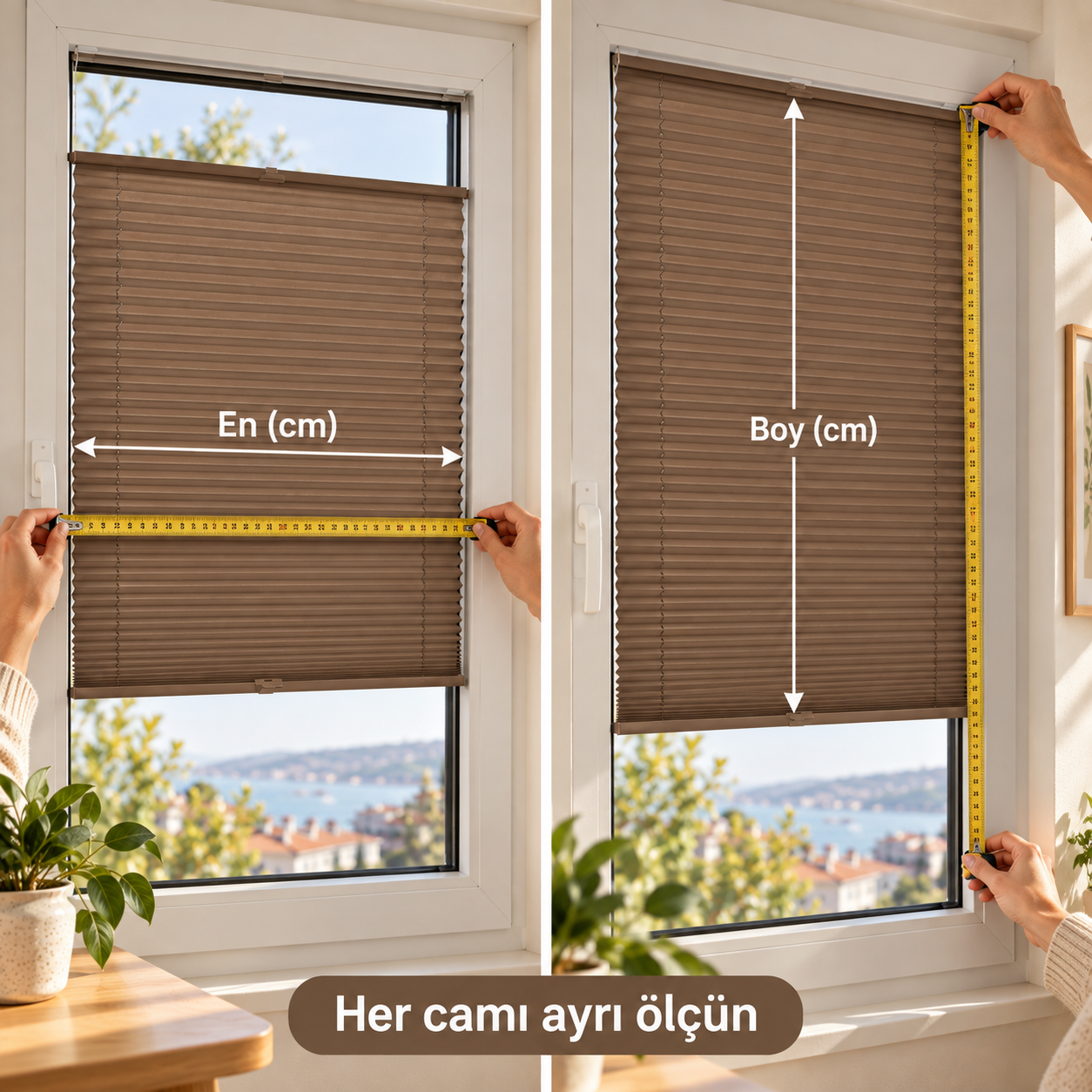 Kahverengi plise perde — Ölçü alma rehberi