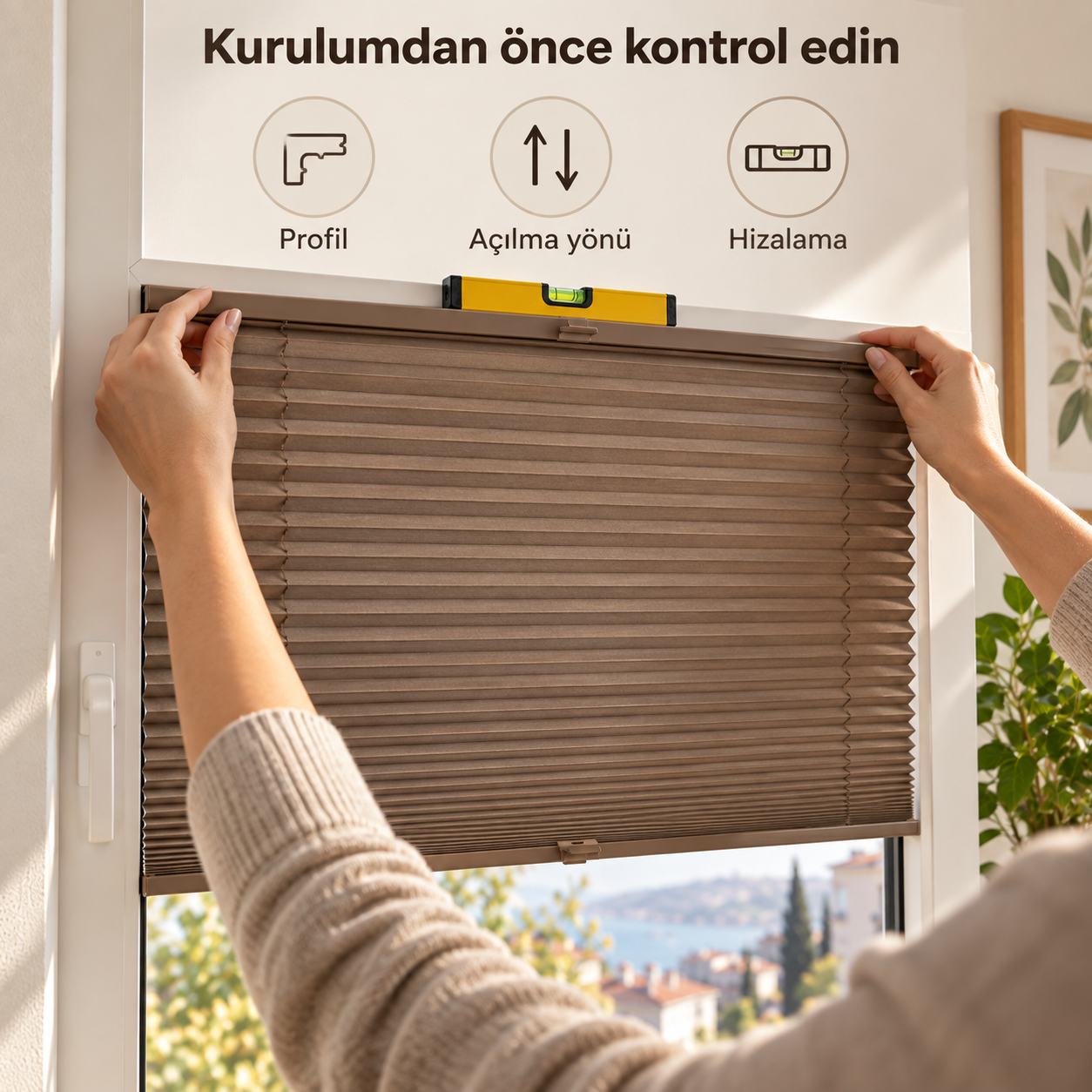 Kahverengi plise perde — Kurulum kontrolü