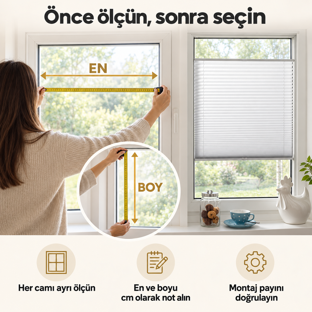 Beyaz plise perde — Ölçü alma rehberi